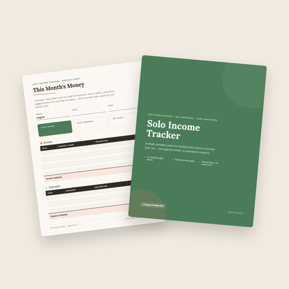 Solo Income Tracker — Printable Monthly Budget & Expense Log | Freelancer Finance Planner PDF